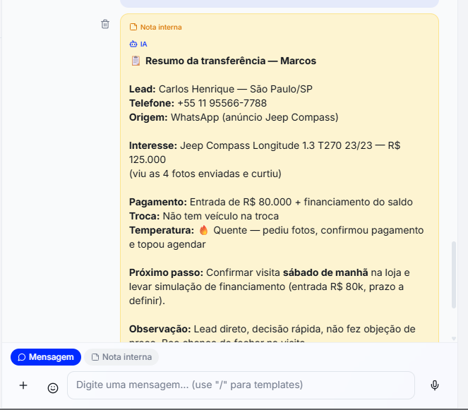 Tela real do AutoPilot CRM com resumo de transferência para o vendedor