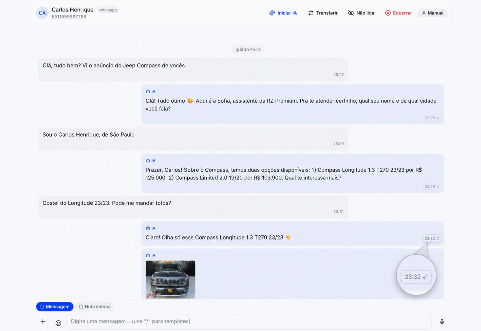 Tela real do AutoPilot CRM com atendimento da IA e horário de resposta em destaque