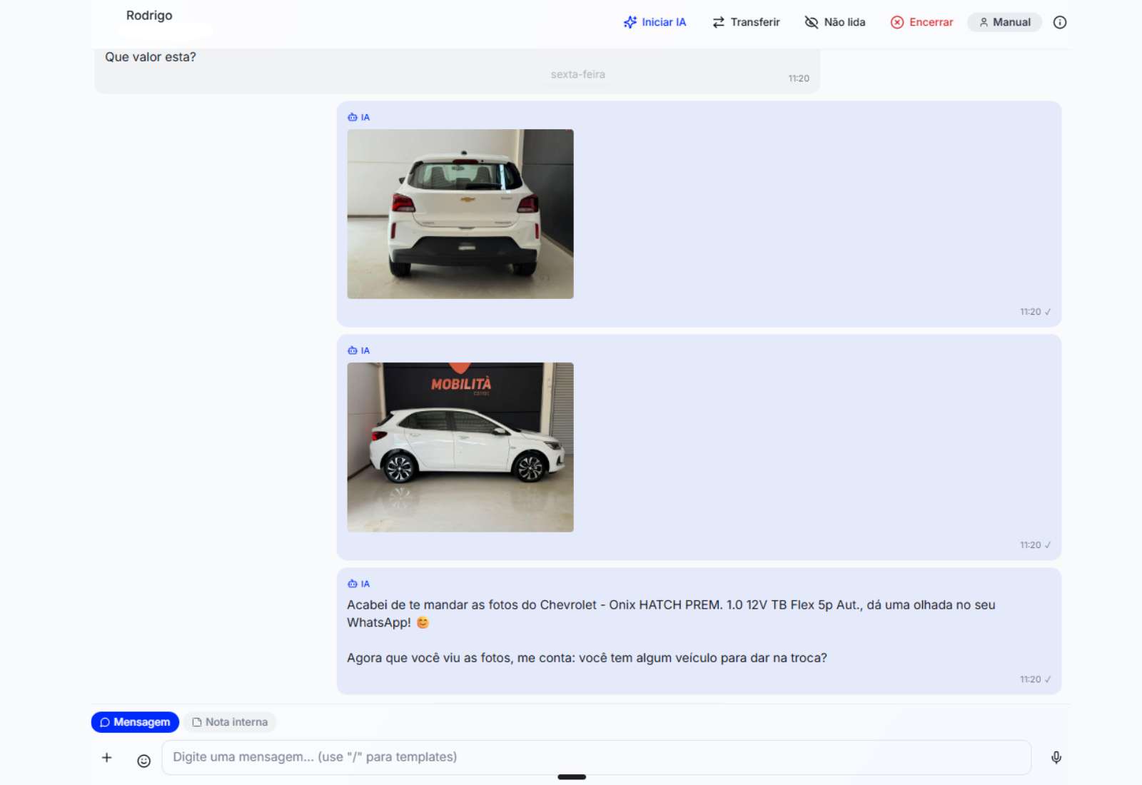 Tela real do AutoPilot CRM enviando fotos do carro no chat
